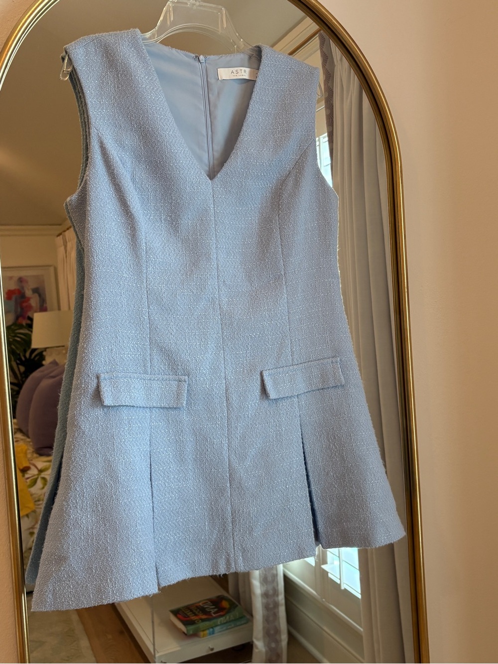 Astr Light Blue Tweed V-Neck Mini Dress
